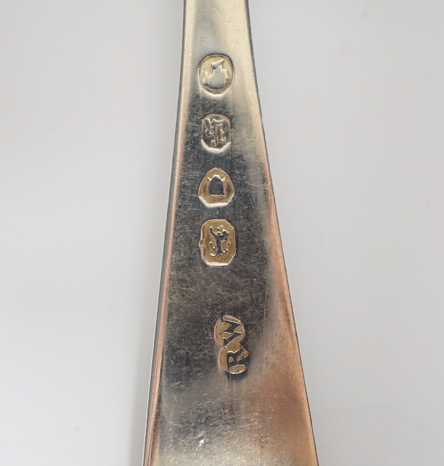 A set of six late Victorian silver Hanovarian pattern table forks, London, 1897, a set of six Old English pattern dessert spoons, London, 1851 and nine other items of silver flatware including a spoon stamped IG three ti